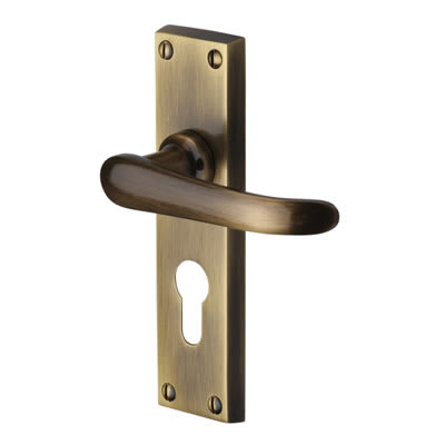 Marcus Antique Brass Euro Lock Door Handles - Windsor Range - 154 x 40mm - view 2