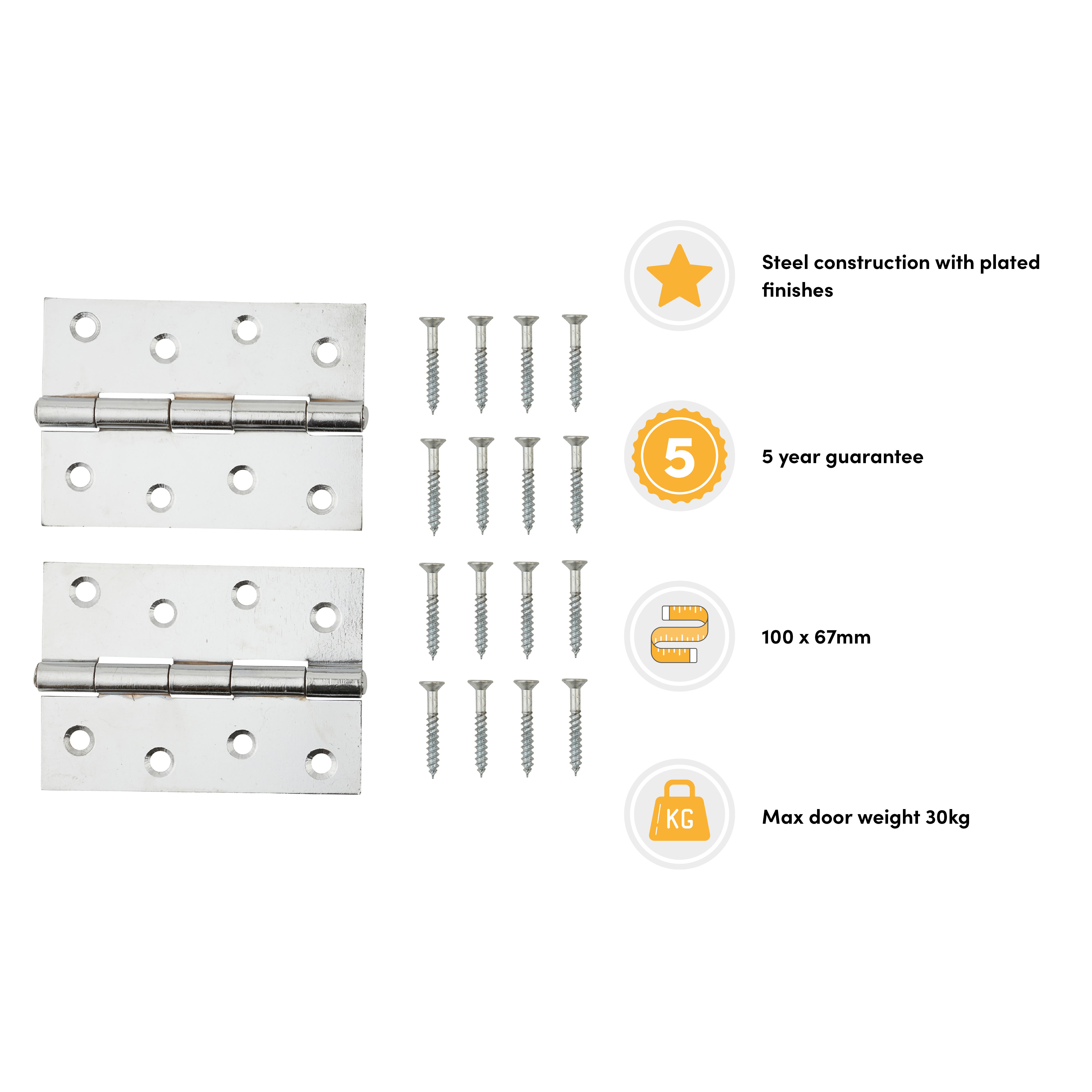 Steel Butt Door Hinge - 100 x 67mm - Chrome - Pair - view 3