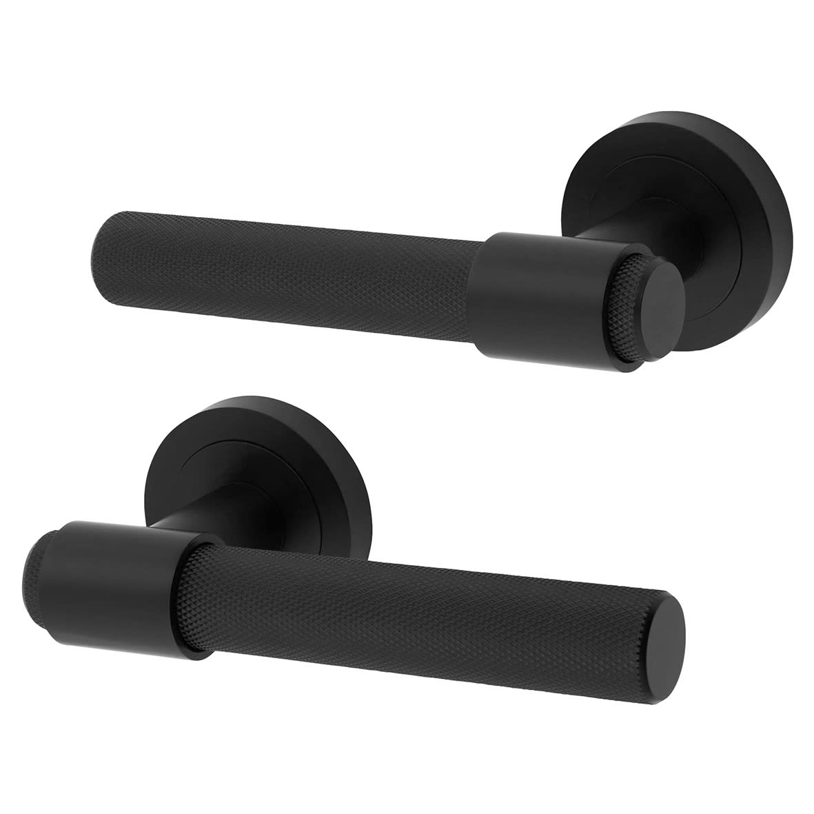 Matt Black Knurled Bathroom Deadbolt Lock Door Handles on Rose Pack - Esme Range - view 2