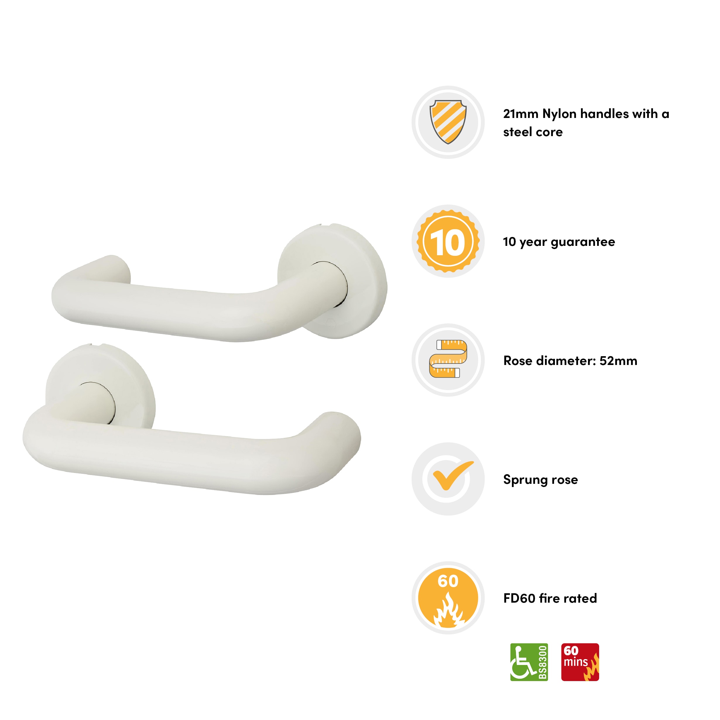Diamond White Nylon Steel Core Safety Door Handle on Rose - Paris Range - view 3