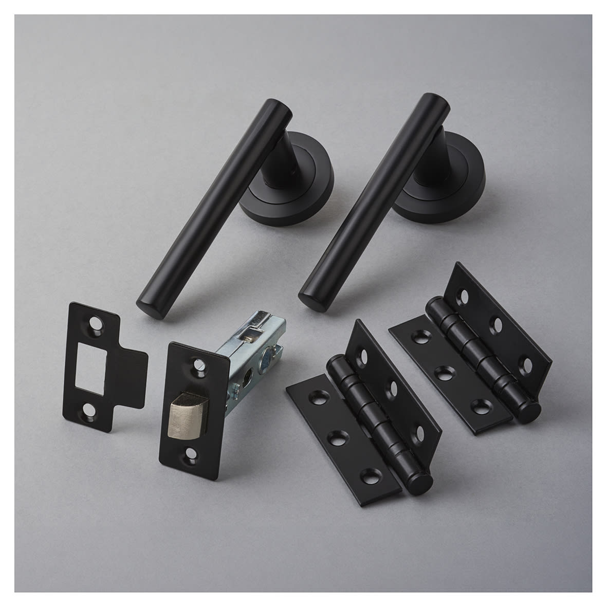Matt Black Latch Door Handles on Rose Pack - Ella Range - view 2