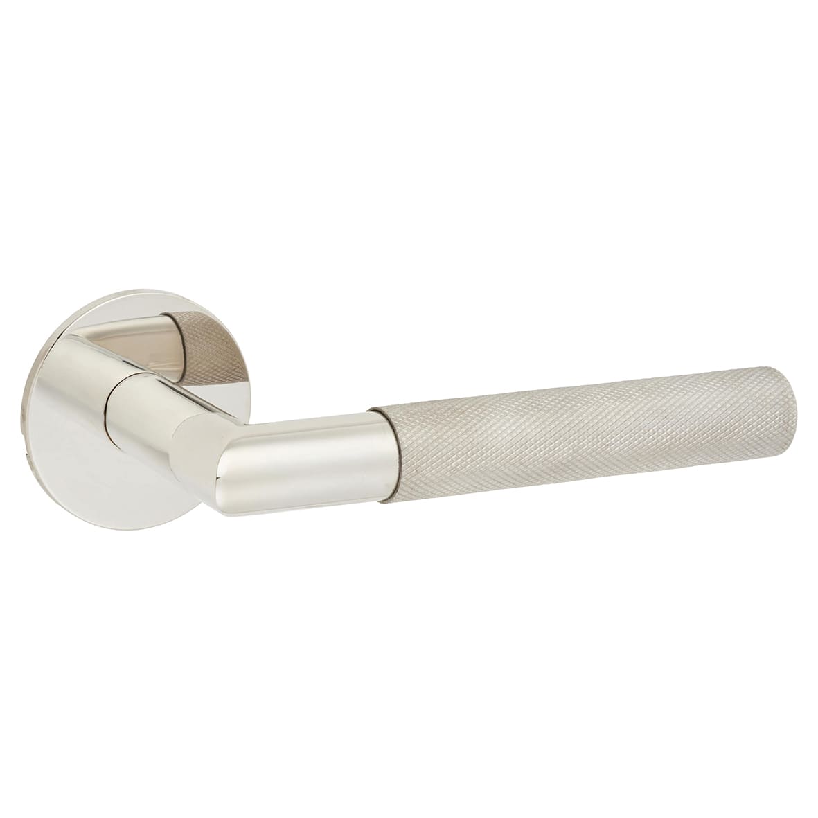 Polished Stainless Steel Knurled Door Handles on Round Slim Rose - Schema Modell Range - view 3