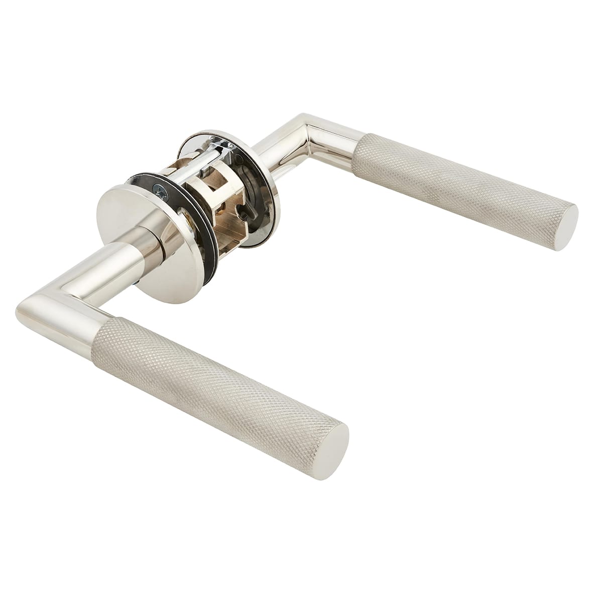 Polished Stainless Steel Knurled Door Handles on Round Slim Rose - Schema Modell Range - view 4