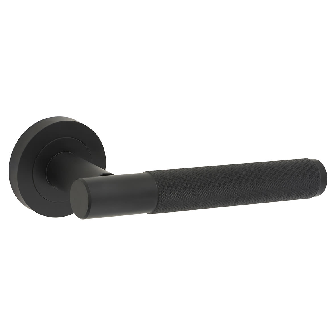 Matt Black Fire Rated Knurled Door Handles on Round Rose - Bari Range - view 2