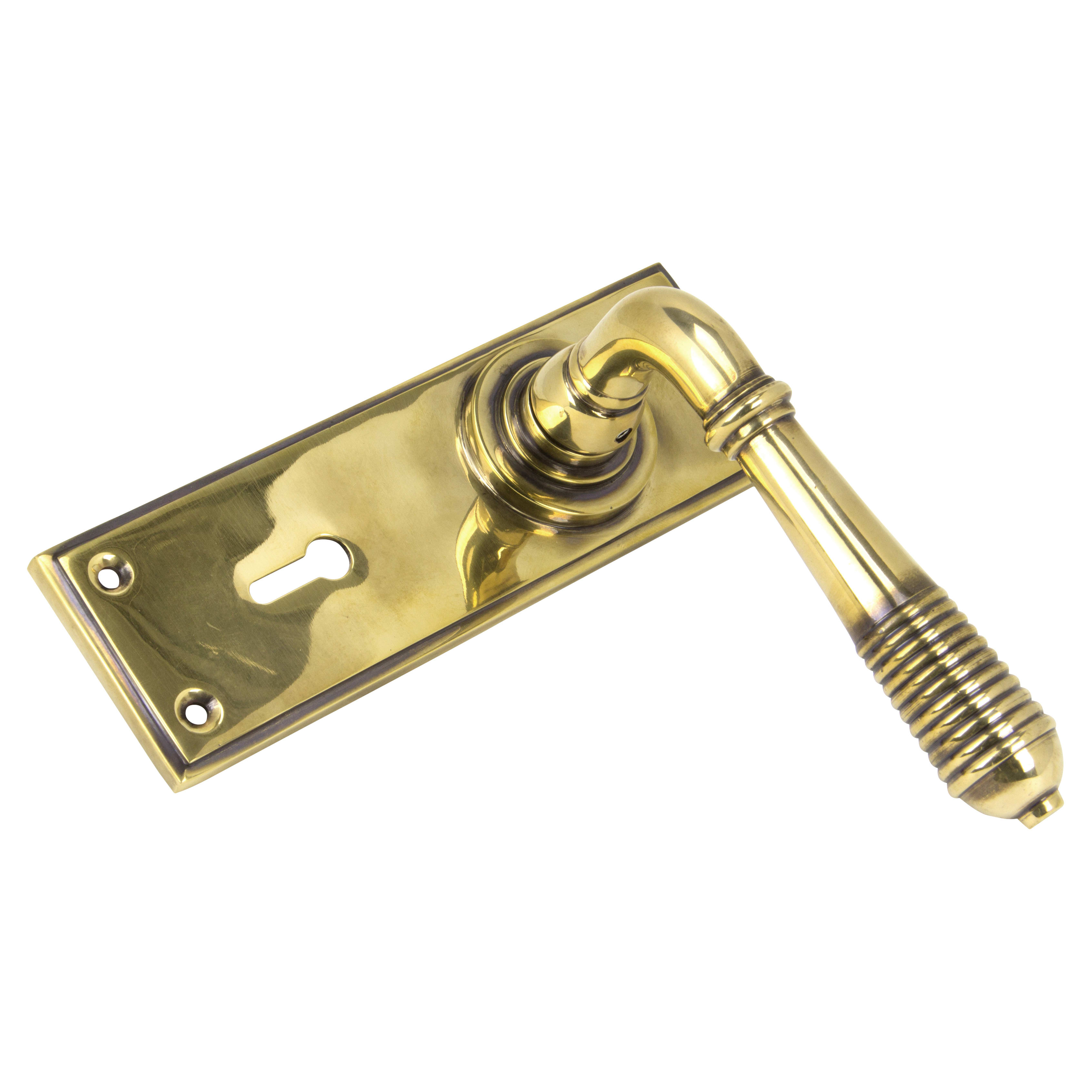 Aged Brass Reeded Keyhole Lock Door Handles - 152 x 50mm - view 2