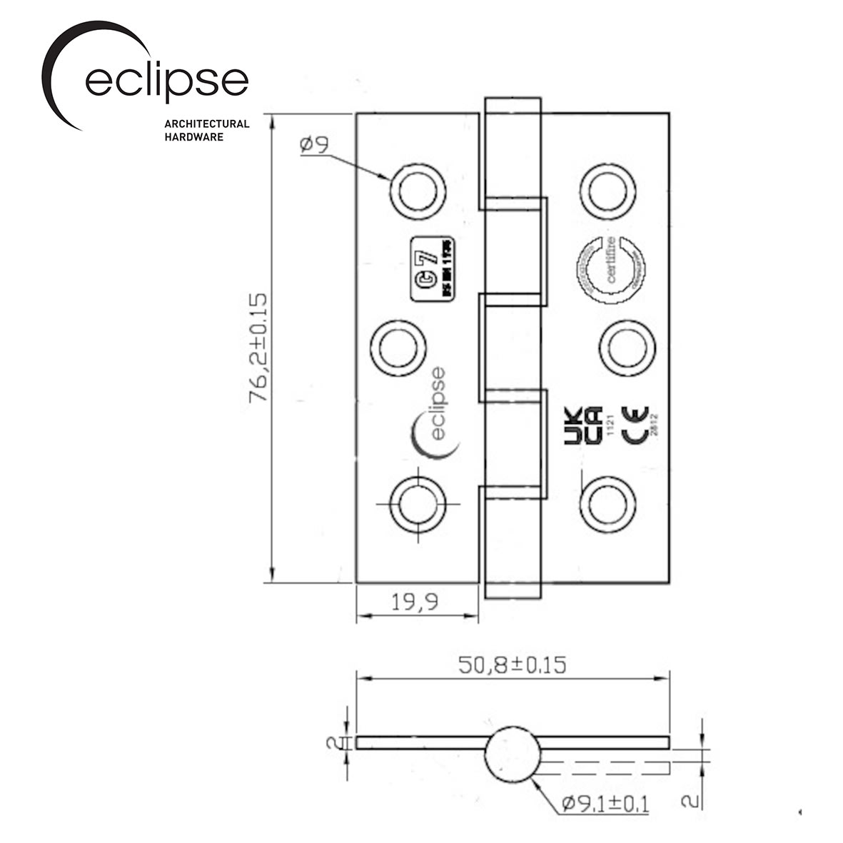 Slim Knuckle Grade 7 Washered Butt Fire Door Hinge - 76 x 51 x 2mm - Satin Stainless - Pair - view 3