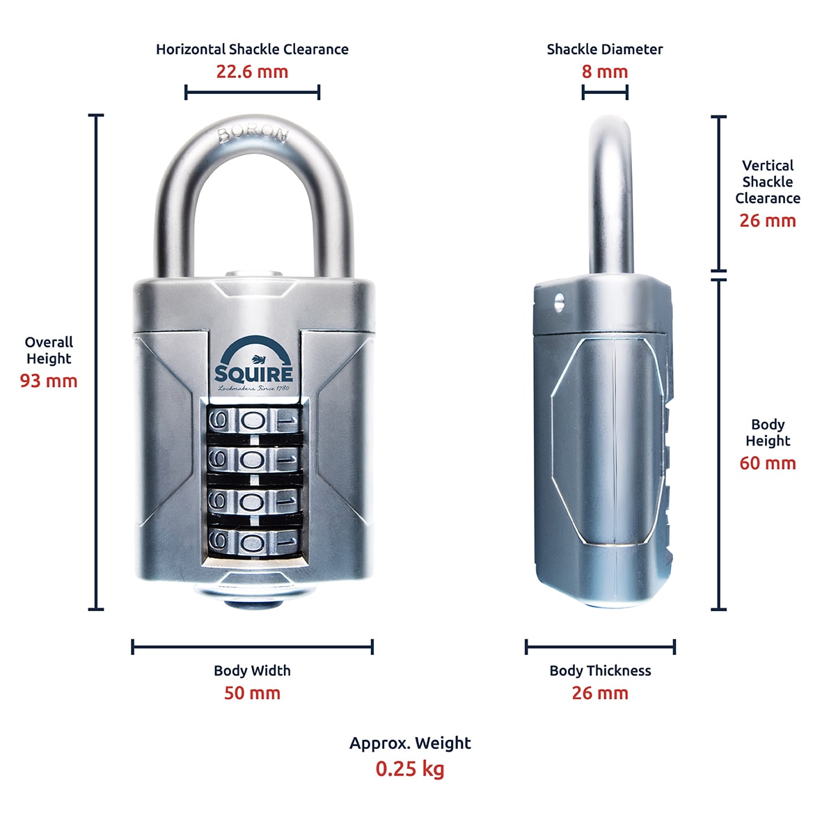 VULCAN COMBI 50 Combination Open Shackle Padlock - 50mm Body - 26 x 22.6mm Shackle - Blue - view 5