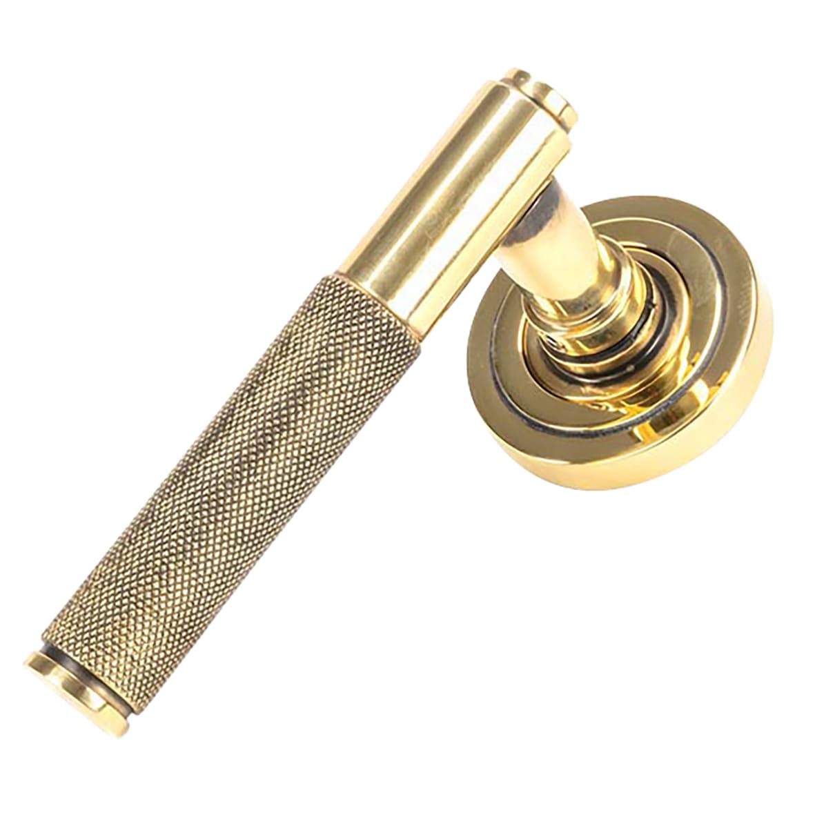 Aged Brass Knurled Door Handles on Round Art Deco Rose - Brompton Range - view 2
