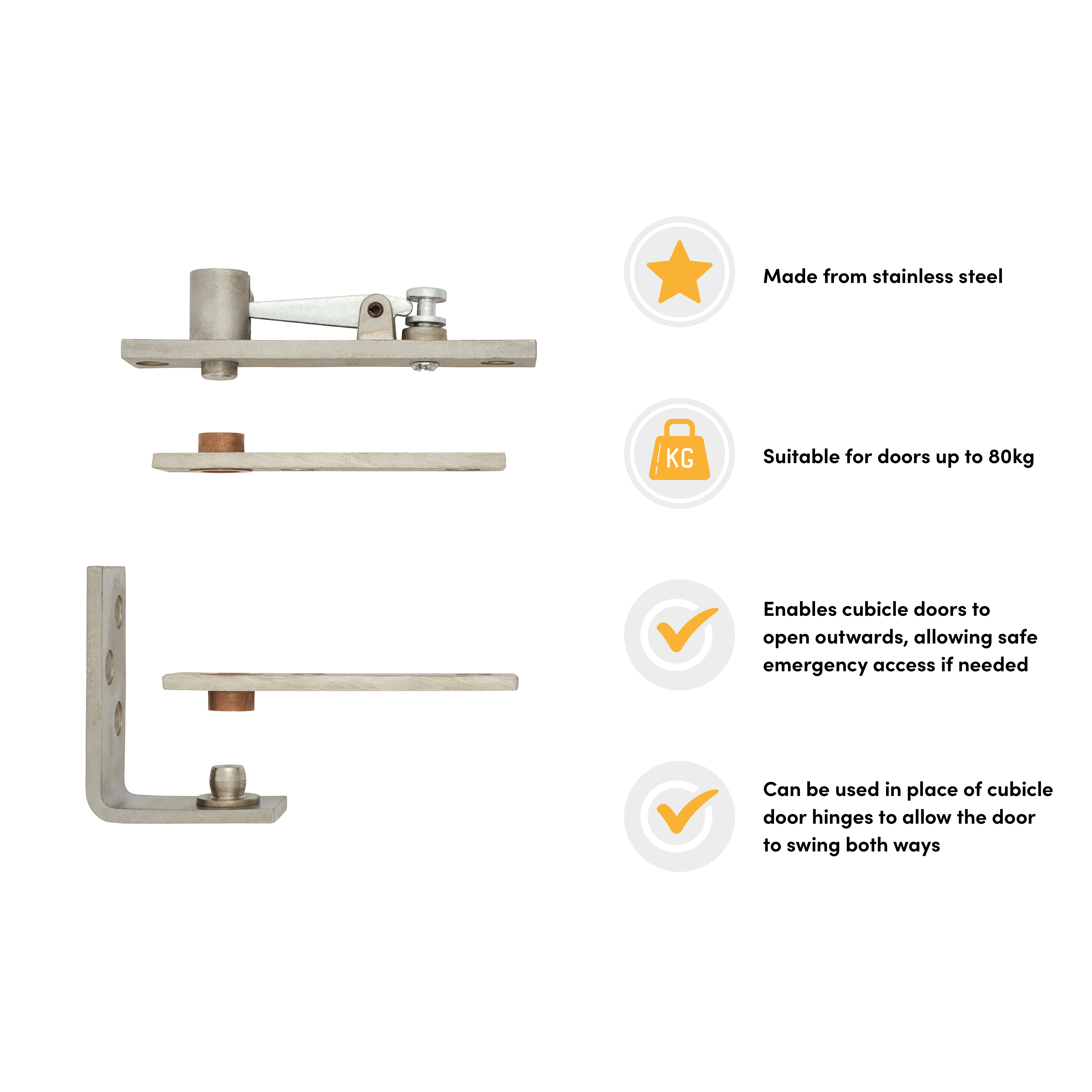 Toilet Cubicle Pivot Set - to suit doors up to 80kg - Stainless Steel - view 3