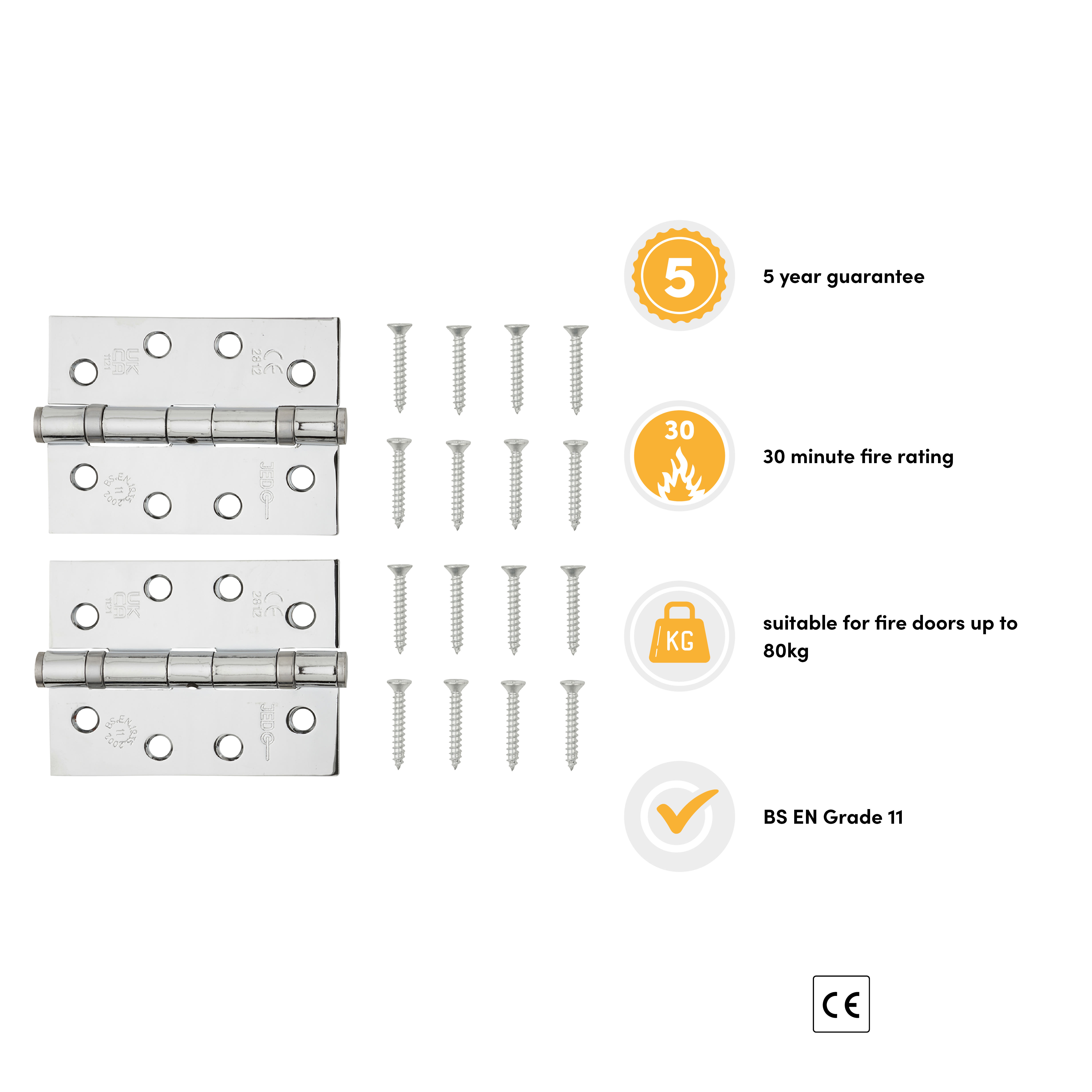 Twin Ball Bearing Steel Grade 11 Butt Fire Door Hinge - 102 x 76 x 2.7mm - Pol Chrome - Pair - view 3