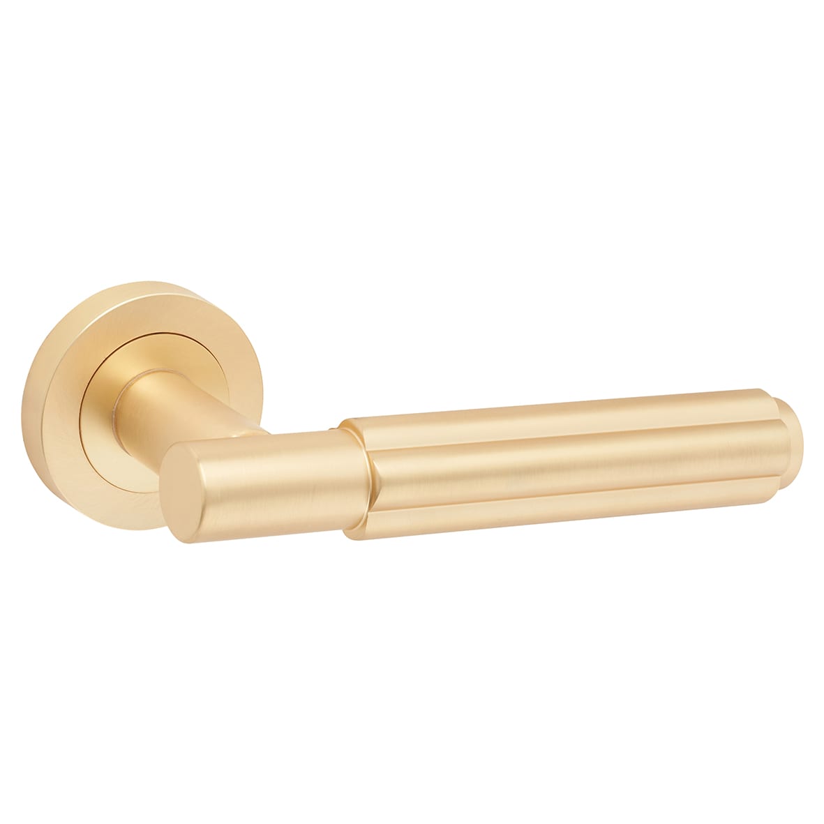 Satin Brass Fire Rated Fluted Door Handles on Round Rose - Bloom Range - view 2