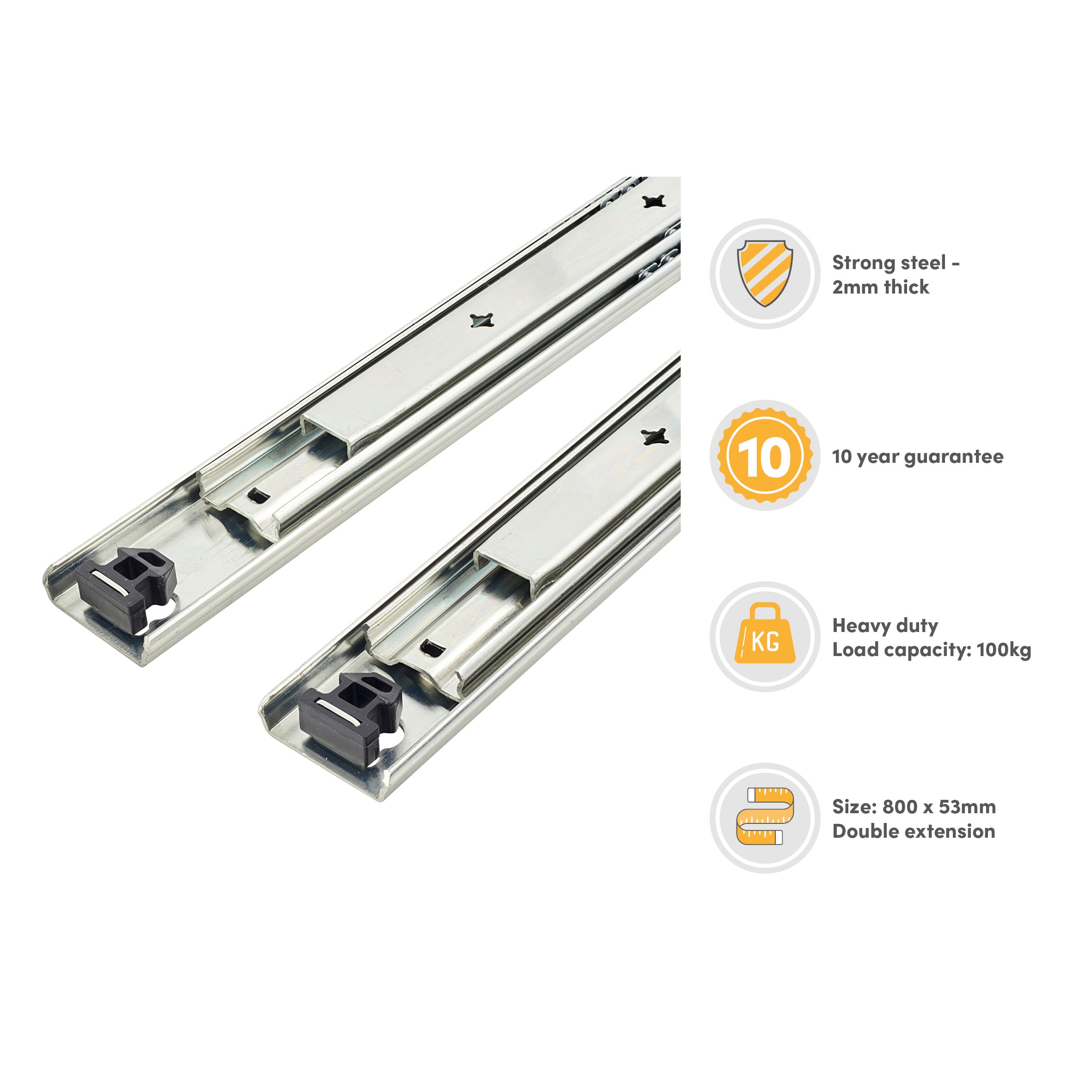 53mm Heavy Duty Ball Bearing Drawer Runner - Full Extension - 800mm Length - 100kg - Zinc - view 3