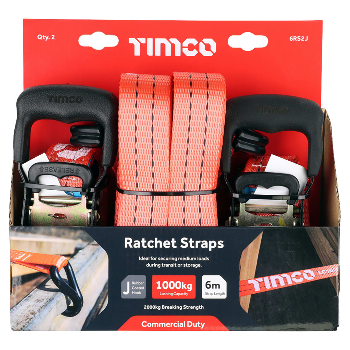 J Hook Ratchet Straps - Commercial Duty - 6m x 35mm - Pack of 2 - view 2