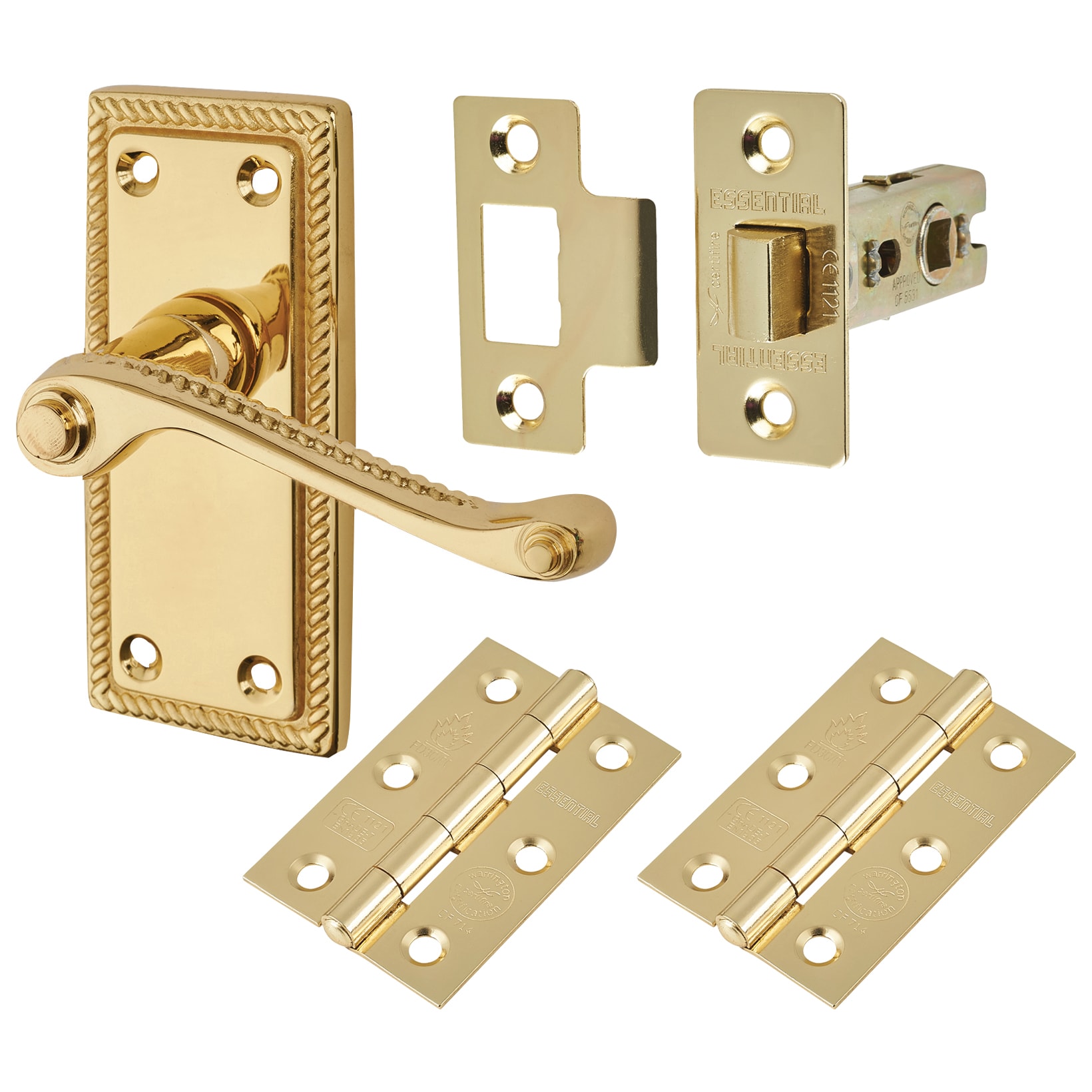 Polished Brass Budget Rope Edge Scroll Latch Door Handles Pack - Short Plate - view 2