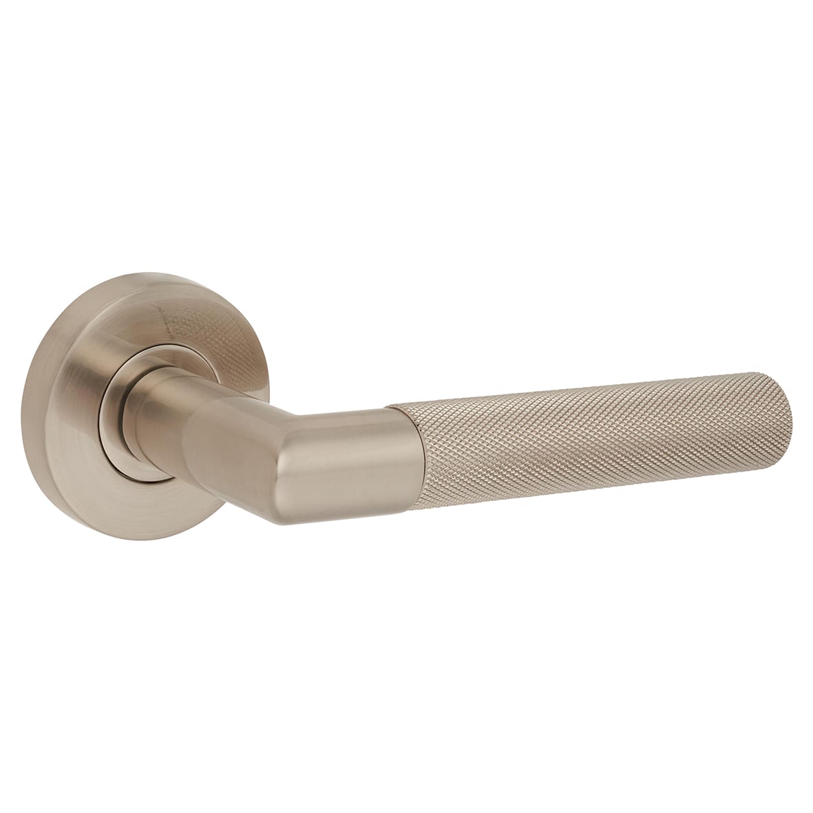 Satin Nickel Knurled Door Handles on Round Rose - Tactil Range - view 2