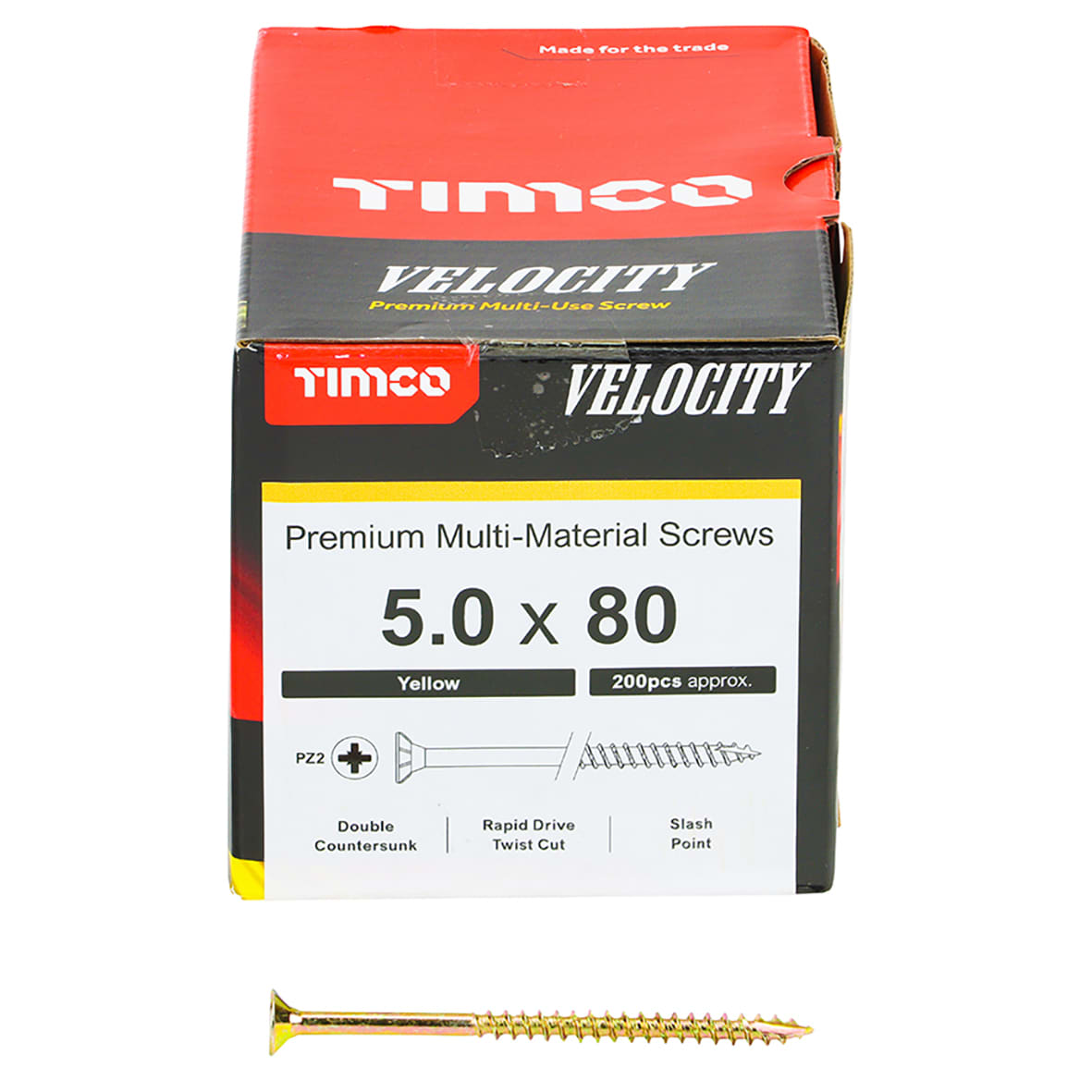 Velocity Pozi Countersunk Wood Screws - 5.0 x 80mm - Yellow Zinc - Pack of 200 - view 2