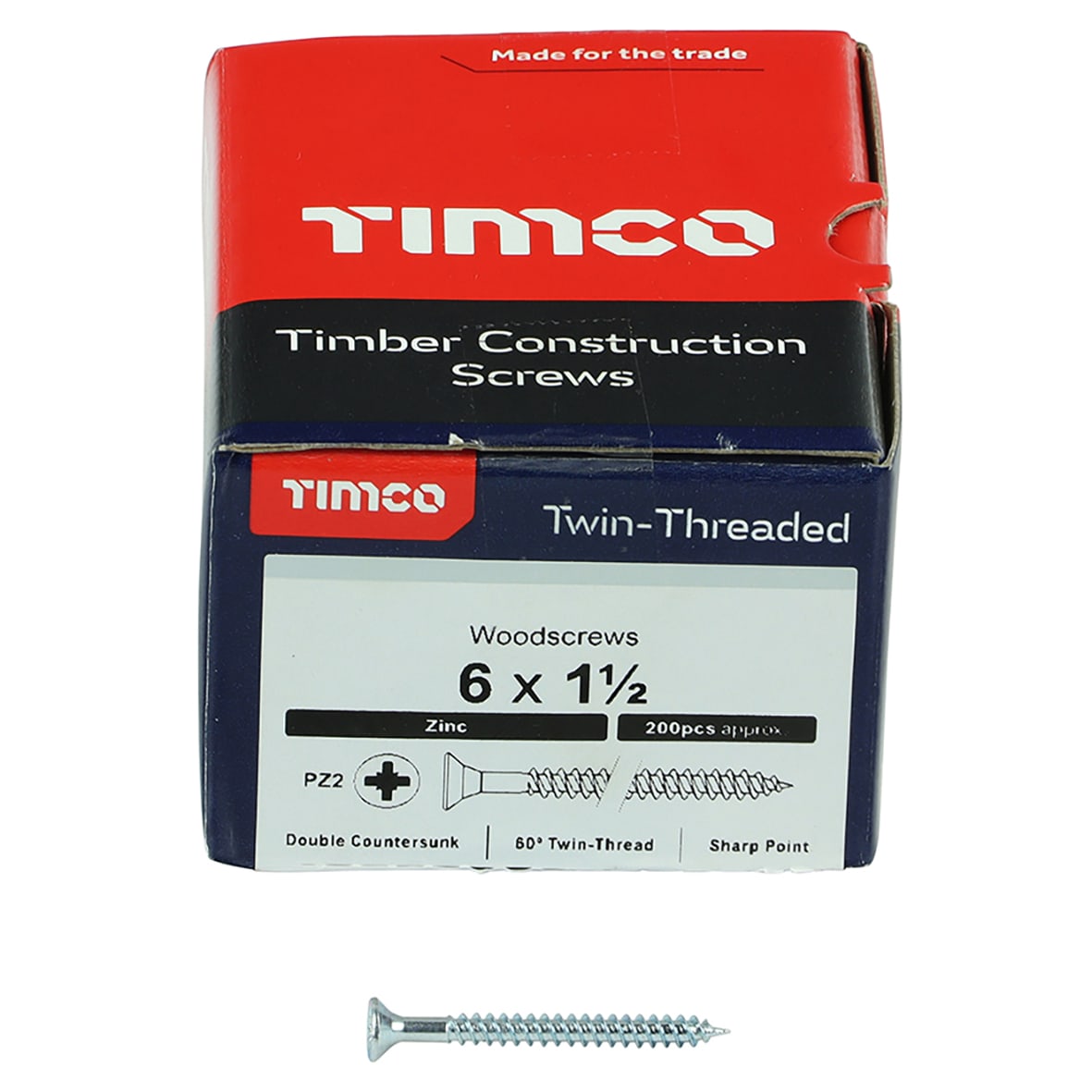 Twin Threaded Pozi Countersunk Wood Screws - 6 x 1 1/2" - Zinc Plated - Pack of 200 - view 2