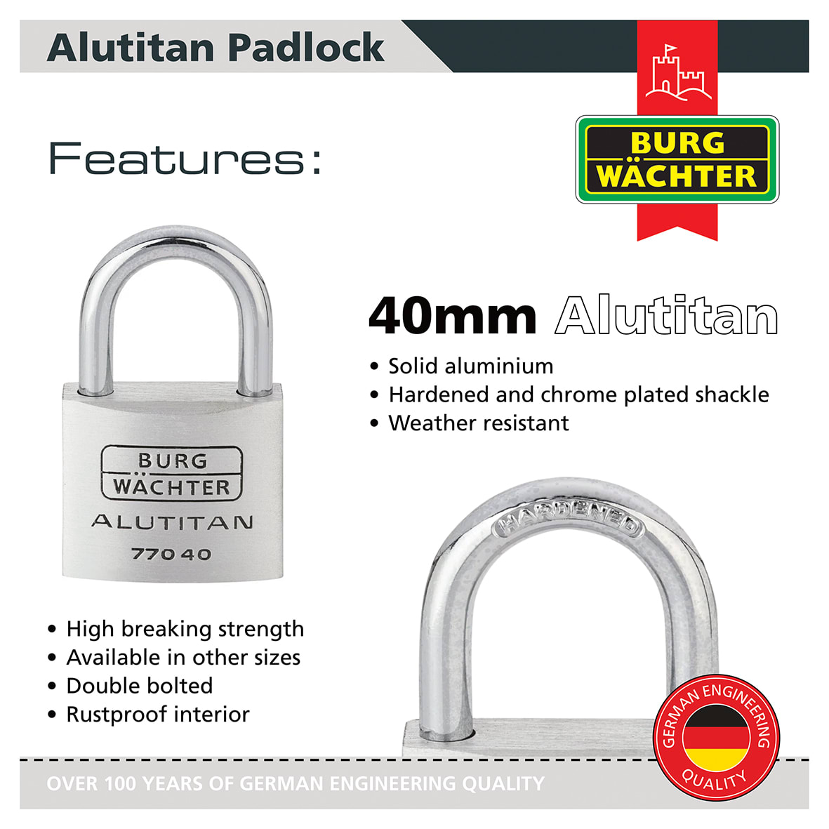 Alutitan Padlock - 40mm Body - 22 x 23.5mm Shackle - Keyed Alike - Pack of 10 - view 2