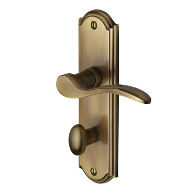 Marcus Antique Brass Scroll Bathroom Door Handles - Howard Range - 171 x 48mm - view 2