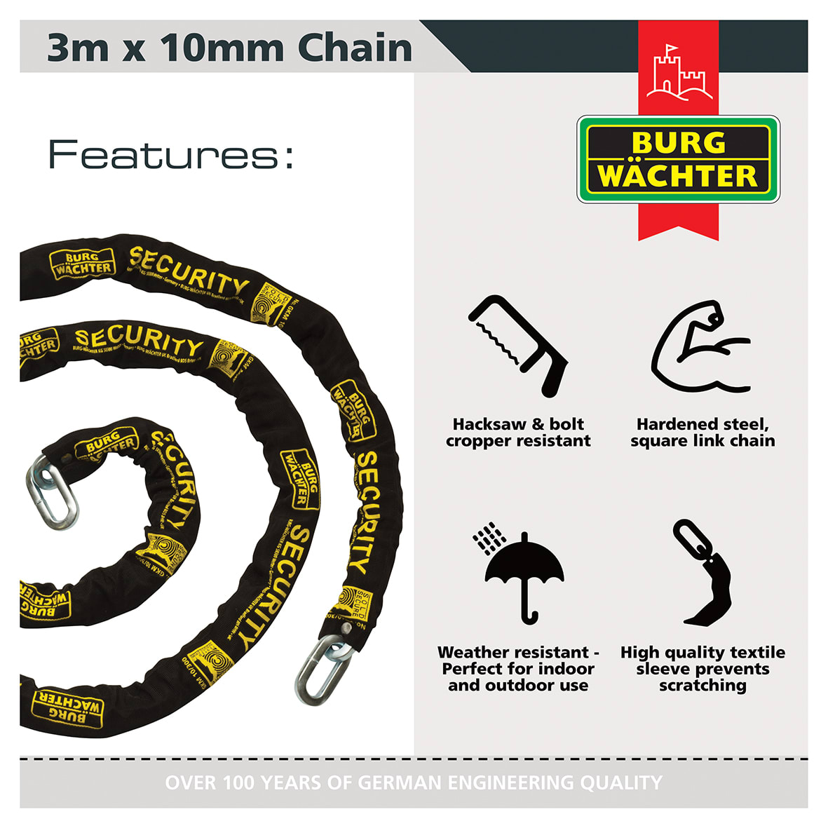 GKM Fabric Sleeve Hardened Square Link Security Chain - 10 x 3000mm - Black - view 2