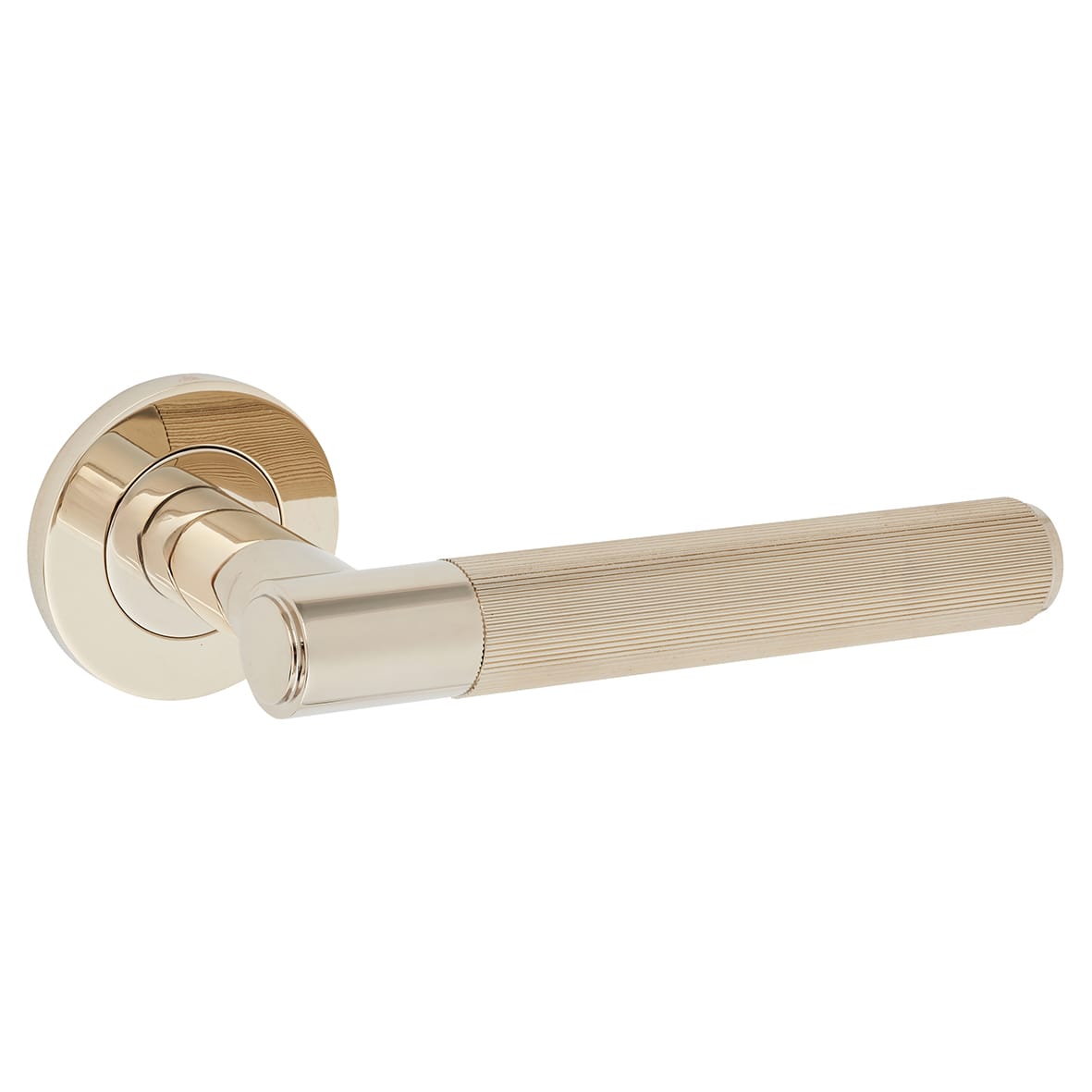 Polished Nickel Reeded Door Handles on Round Rose - Spitfire Range - view 2