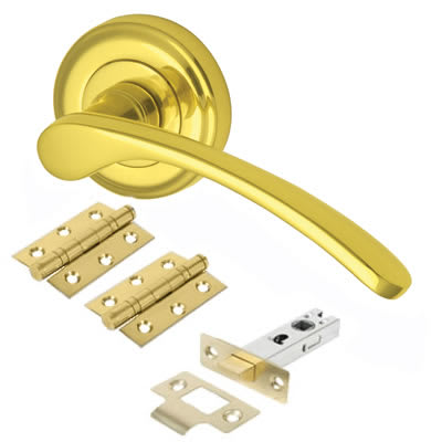 Marcus Polished Brass Latch Door Handles on Rose Pack - Sophia Range - view 2
