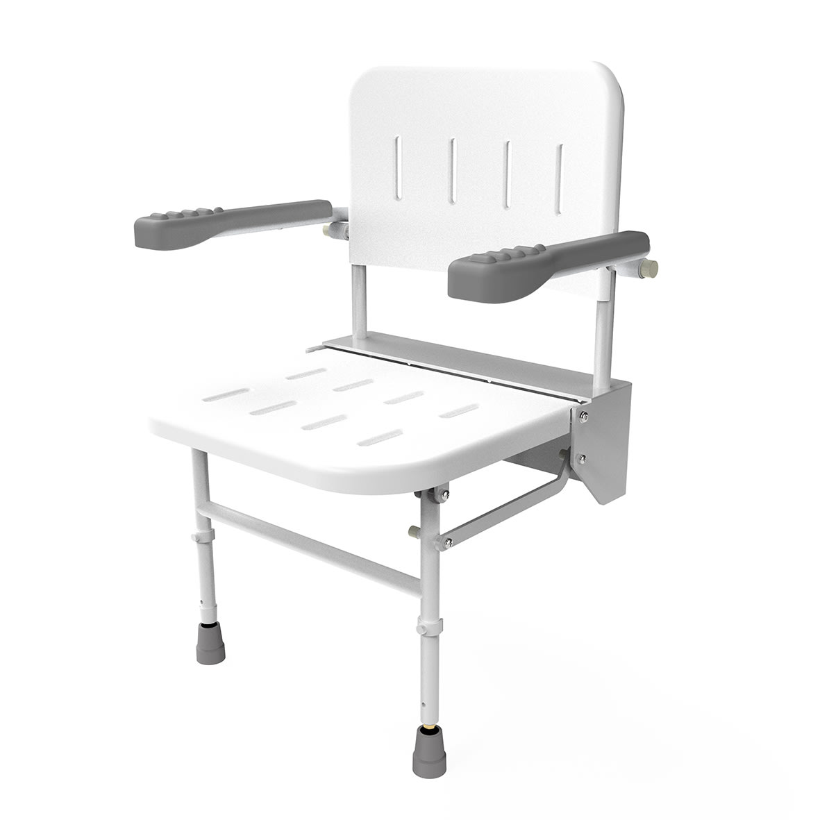 Folding Wall Mounted Shower Seat With Legs, Back & Arms - 410-610 x 494mm - White - view 2