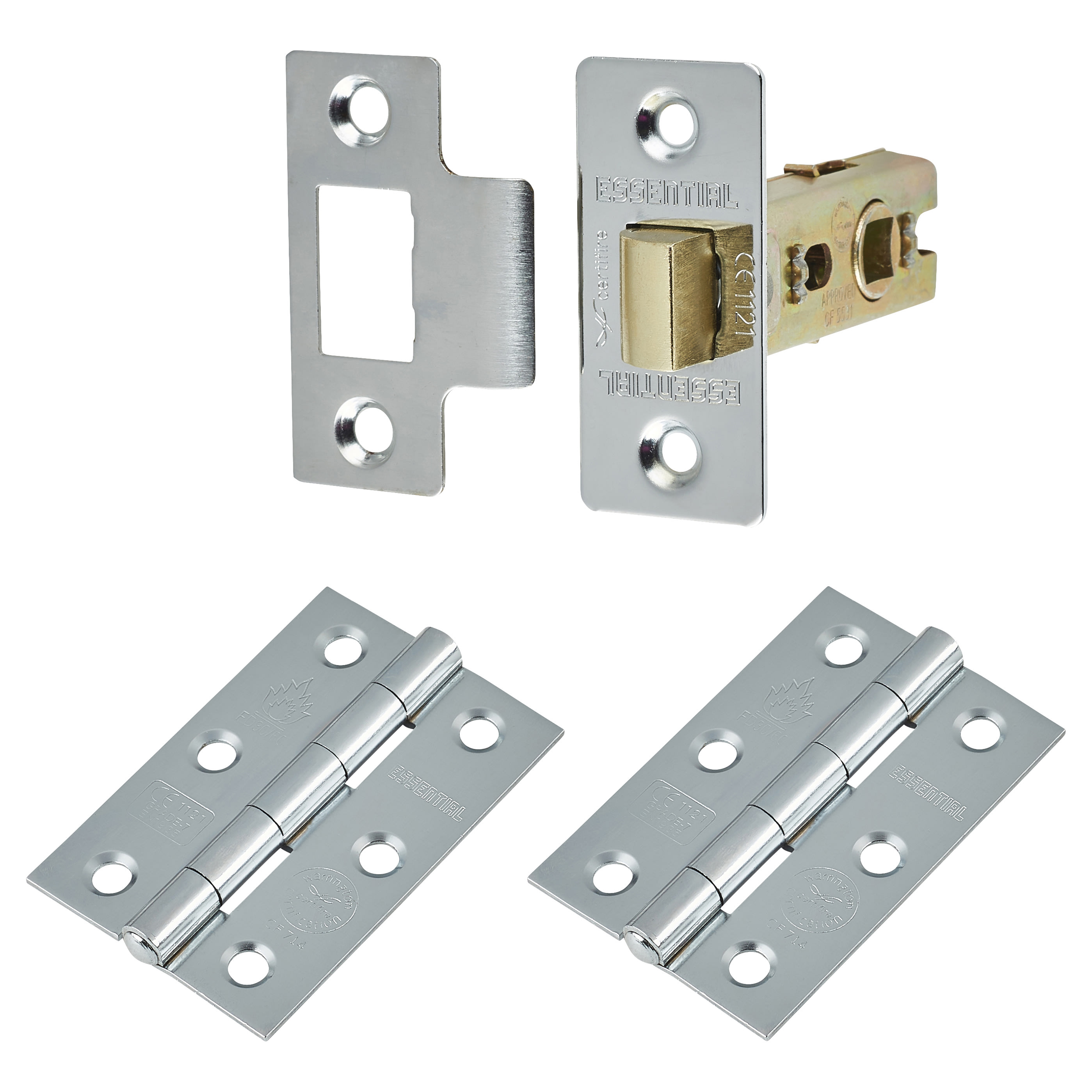 Tubular Latch Pack - 76mm Case - 57mm Backset - 2 x Plain Steel Hinges - Polished Chrome - view 2