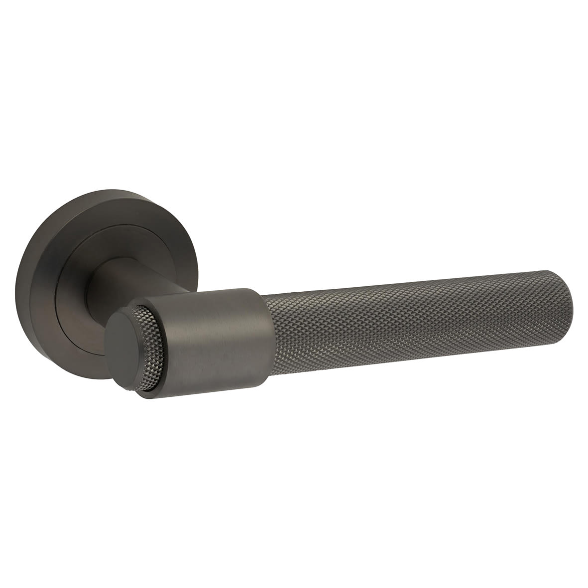 Anthracite Grey Knurled Door Handles on Round Rose - Esme Range - view 2