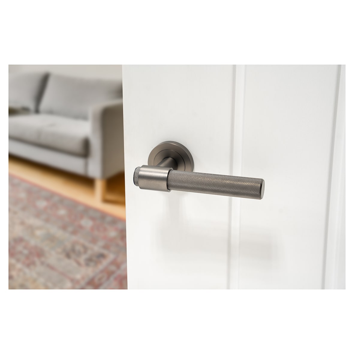 Anthracite Grey Knurled Door Handles on Round Rose - Esme Range - view 4