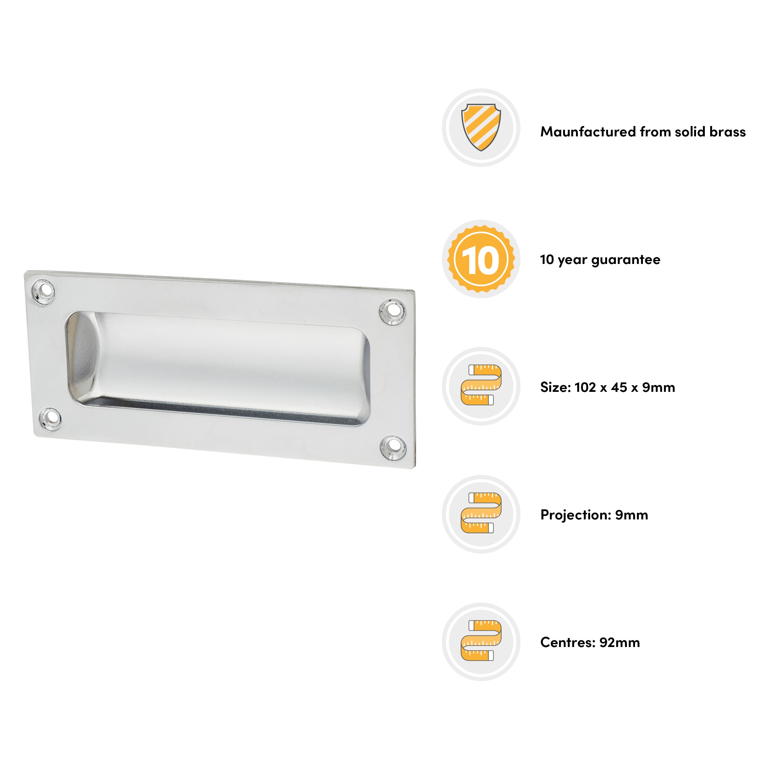 Rectangular Flush Cabinet Pull Handle - 102 x 45mm - Polished Chrome - view 3