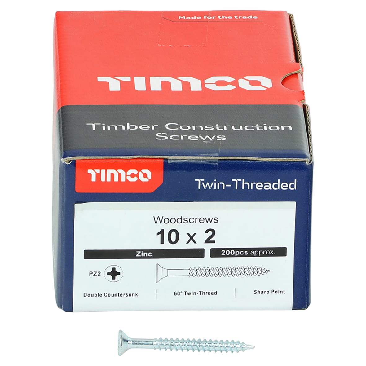 Twin Threaded Pozi Countersunk Wood Screws - 10 x 2" - Zinc Plated - Pack of 200 - view 2