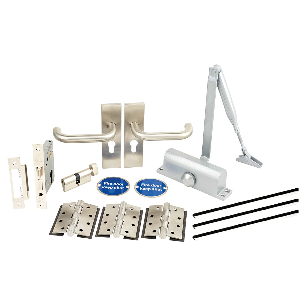 Light Duty Euro Lock Door Handle on Backplate Fire Door Kit - Size 3 - Push/Pull - Satin Stainless - view 2