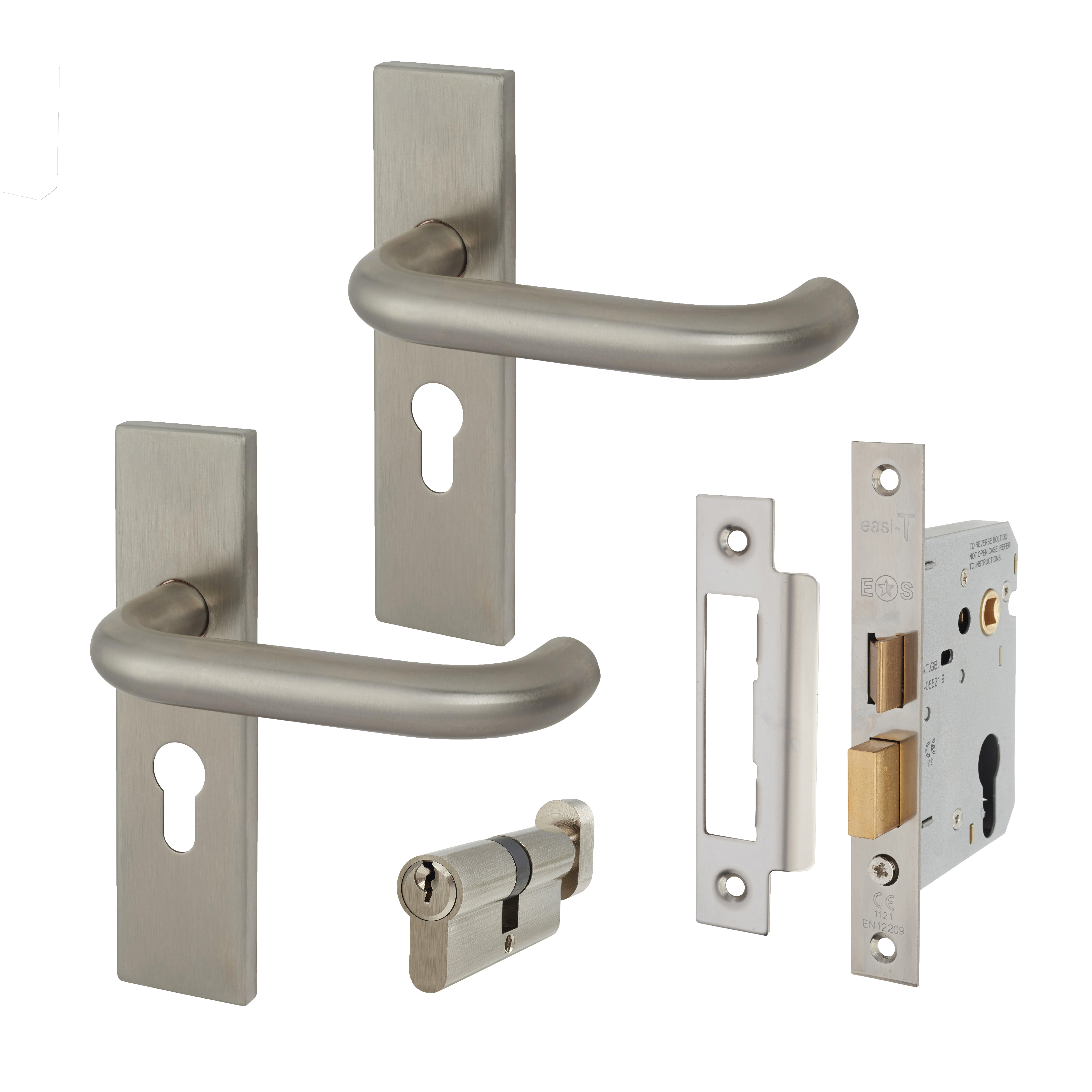 Light Duty Euro Lock Door Handle on Backplate Fire Door Kit - Size 3 - Push/Pull - Satin Stainless - view 4