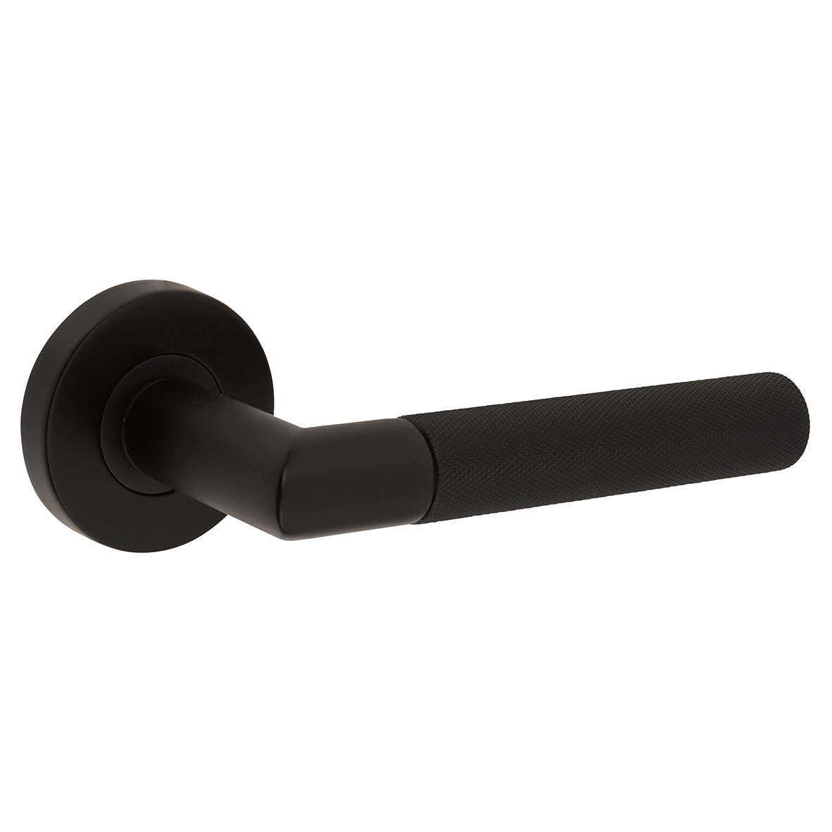 Matt Black Knurled Door Handles on Round Rose - Tactil Range - view 2