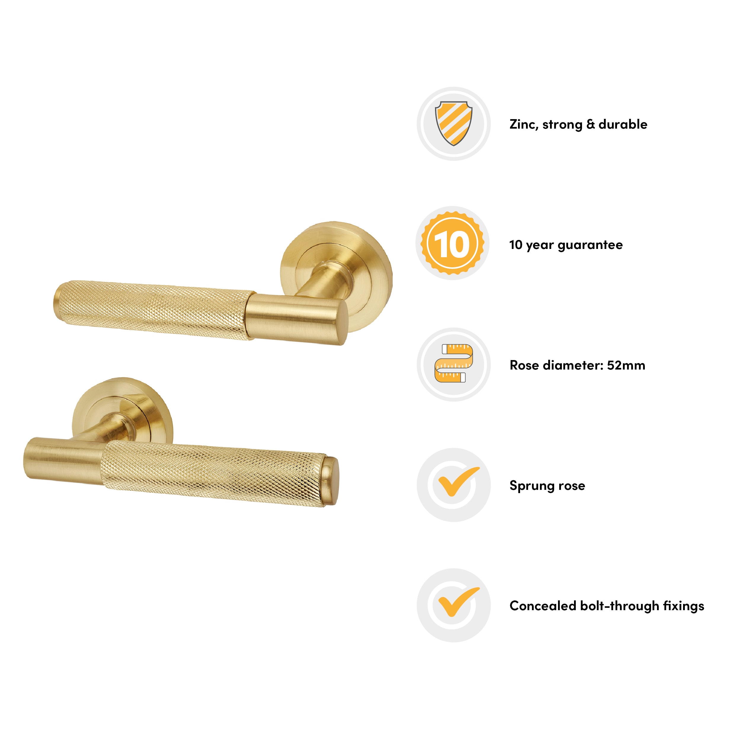 Satin Brass Knurled Door Handles on Round Rose - Remi Range - view 2
