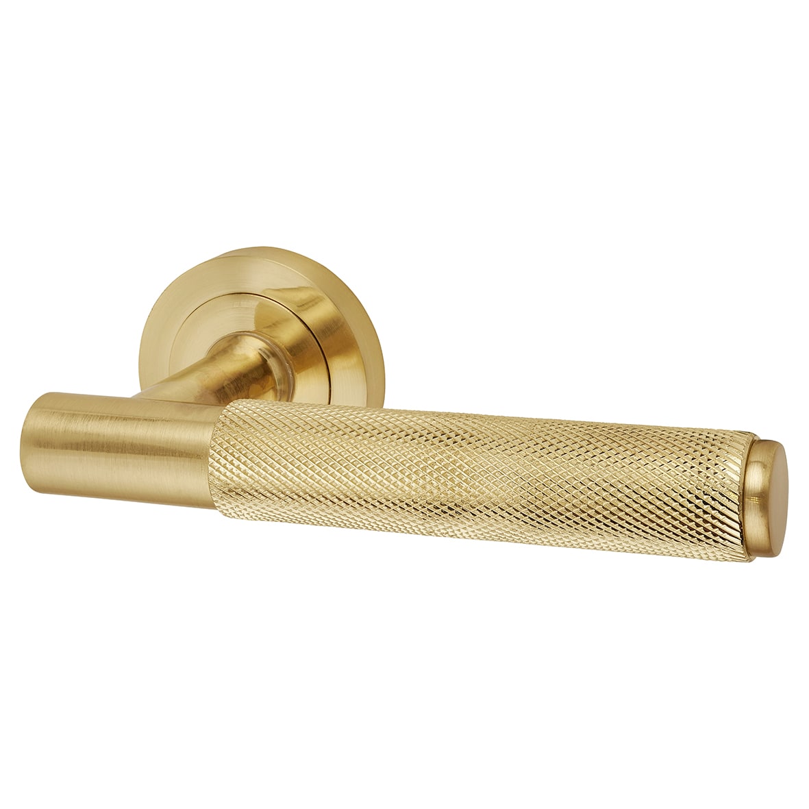 Satin Brass Knurled Door Handles on Round Rose - Remi Range - view 3