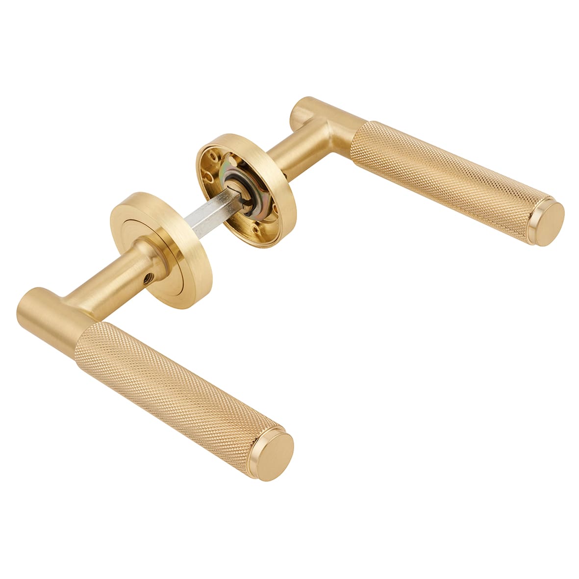 Satin Brass Knurled Door Handles on Round Rose - Remi Range - view 5