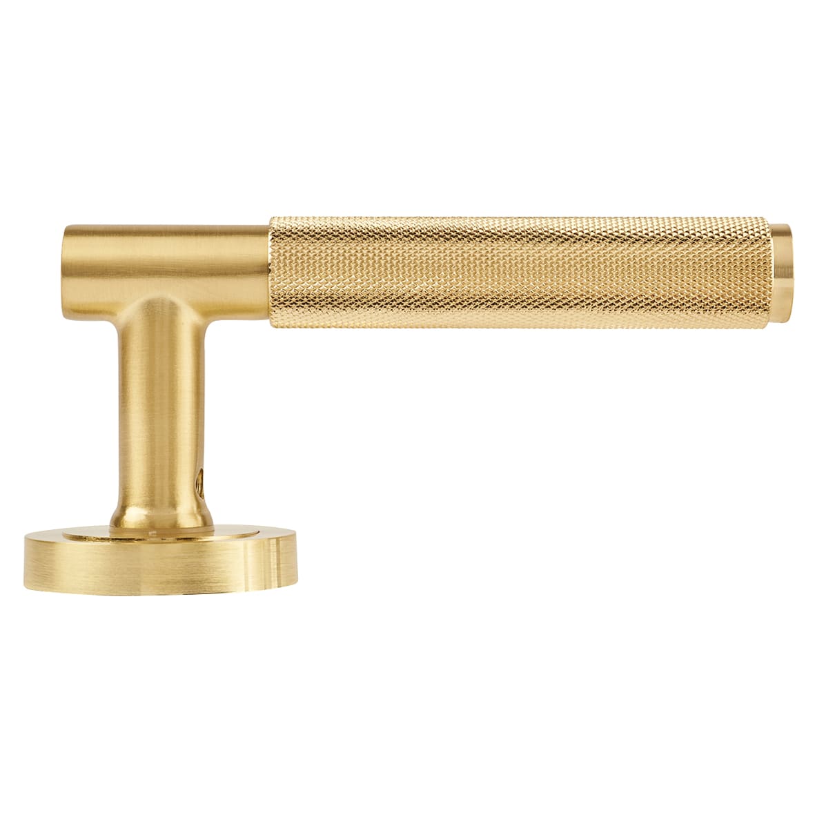 Satin Brass Knurled Door Handles on Round Rose - Remi Range - view 6