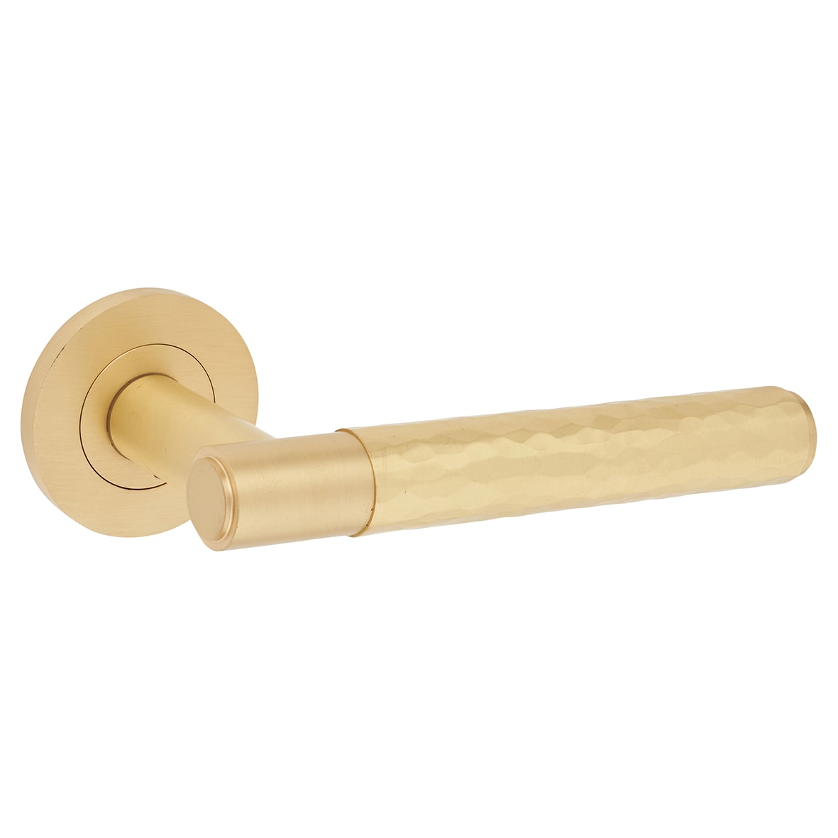 Satin Brass Hammered Door Handles on Round Rose - Spitfire Range - view 2