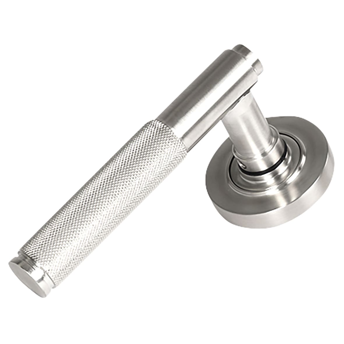 Satin Stainless Steel Knurled Door Handles on Round Rose - Brompton Range - view 2