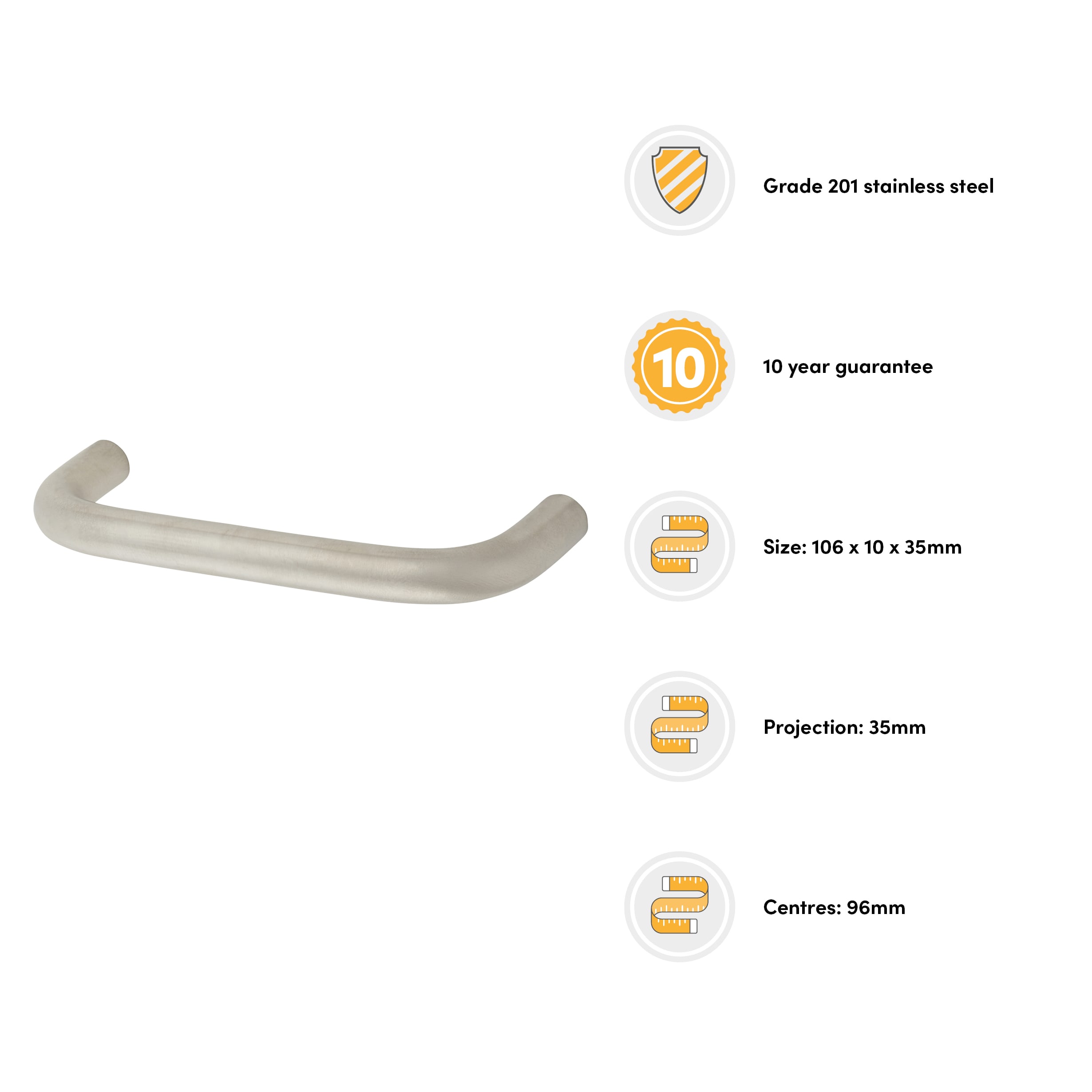 10mm D-Bar Cabinet Pull Handle - 96mm Centres - Satin Stainless Steel - view 3