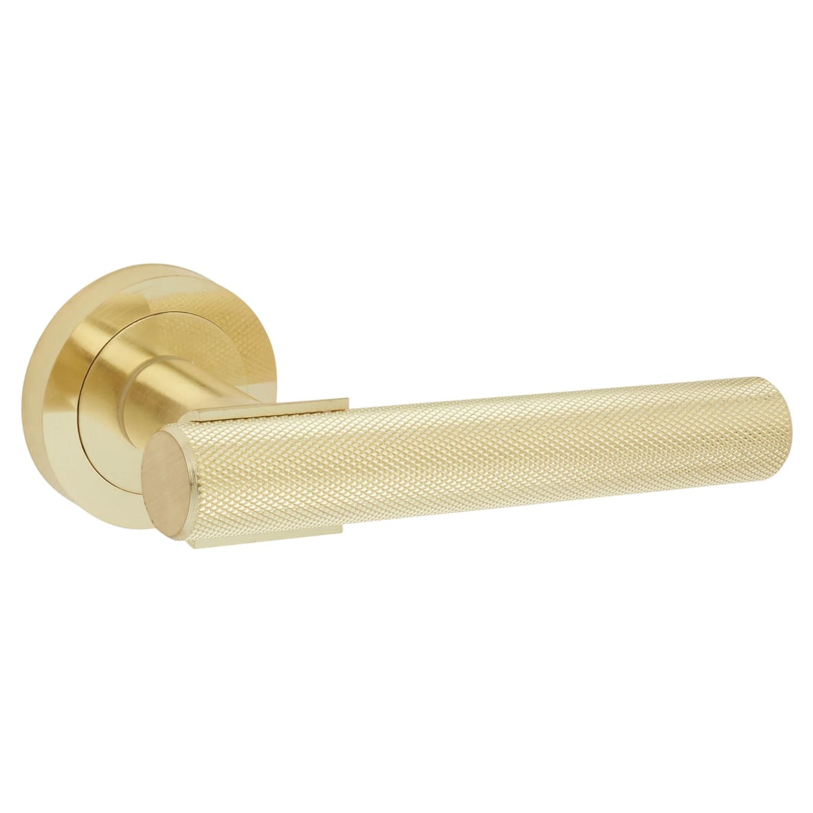 Satin Brass Knurled Door Handles on Round Rose - Orla Range - view 2