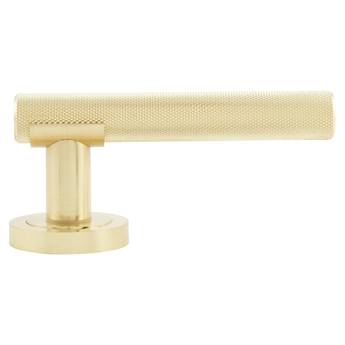 Satin Brass Knurled Door Handles on Round Rose - Orla Range - view 3