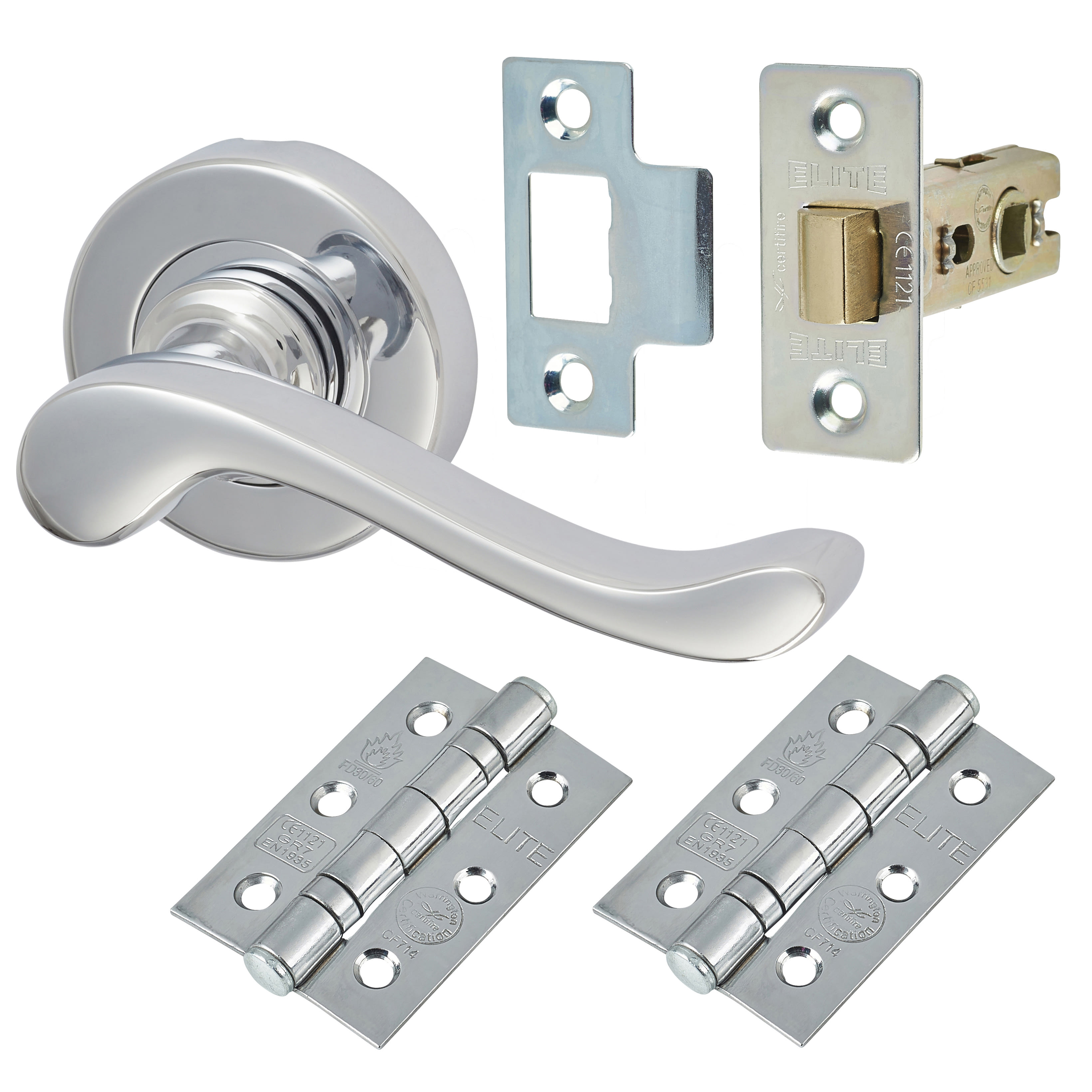 Marcus Polished Chrome Scroll Latch Door Handles on Rose Pack - Bedford Range - view 2