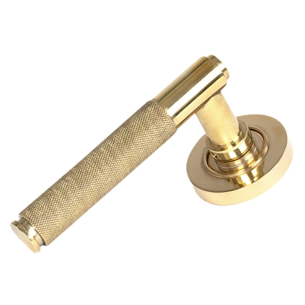Polished Brass Knurled Door Handles on Round Rose - Brompton Range - view 2