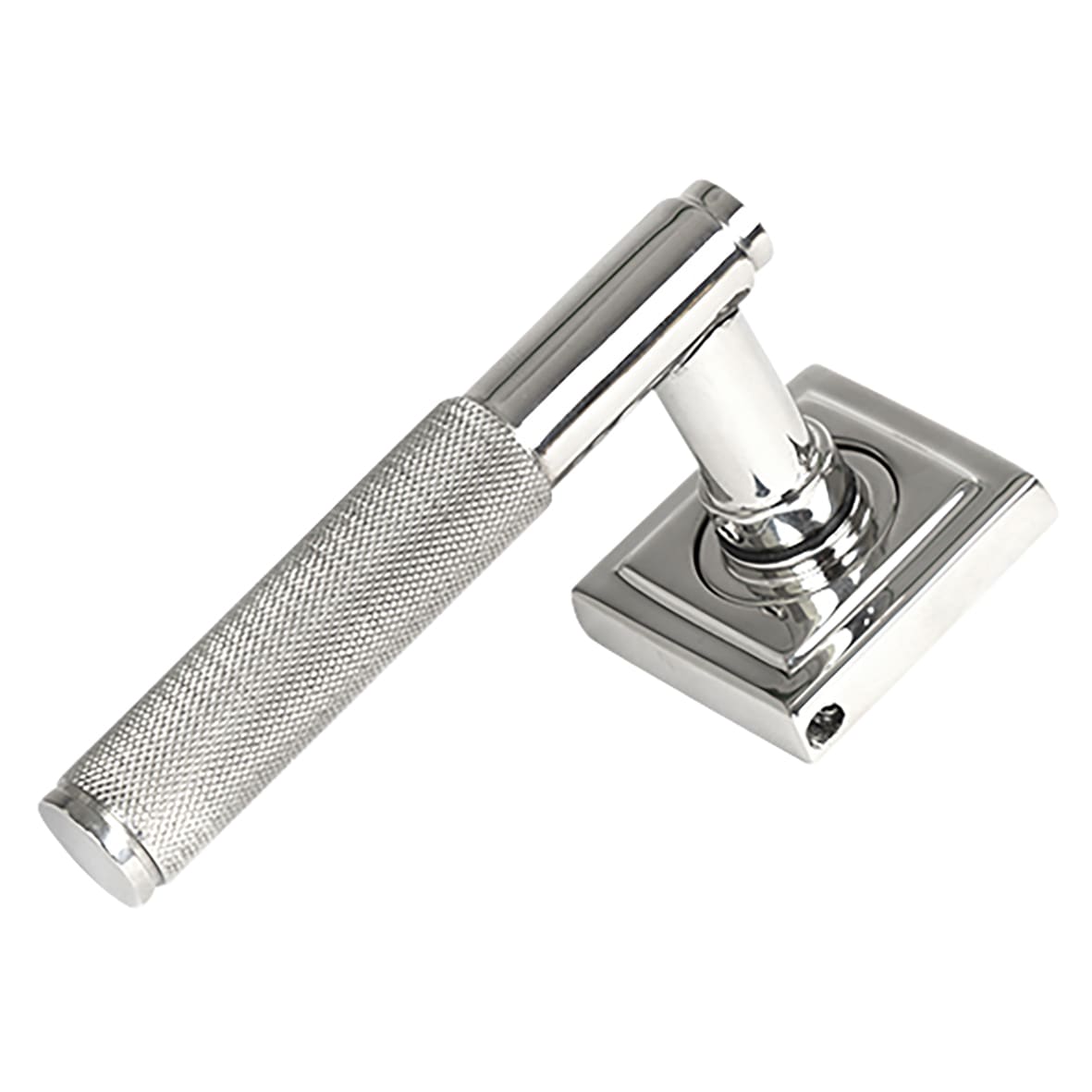 Polished Stainless Steel Knurled Door Handles on Square Rose - Brompton Range - view 2
