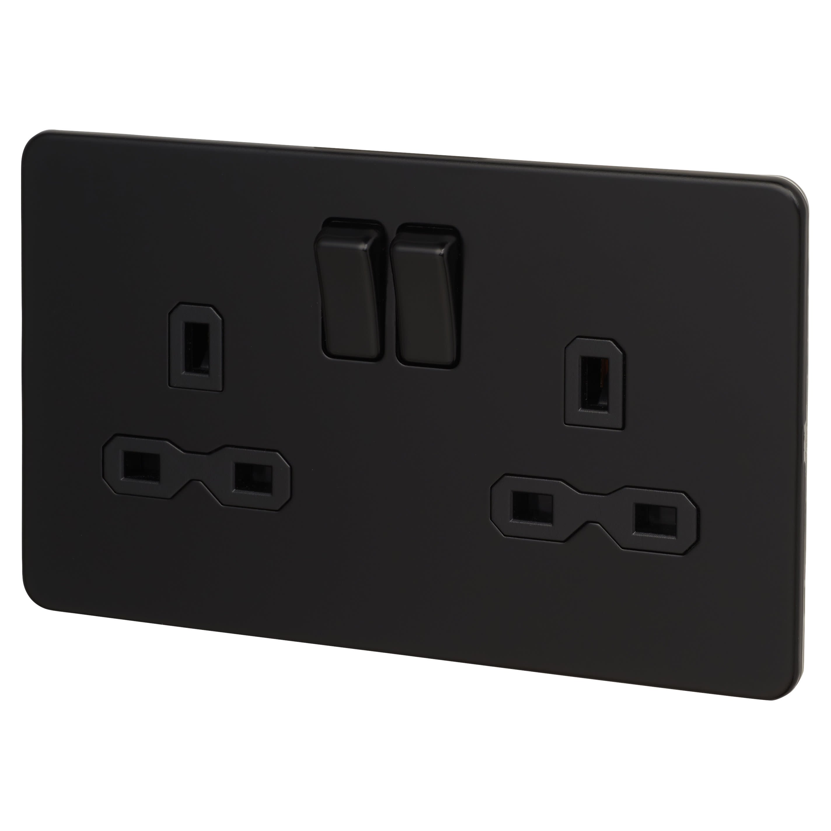 13A 2 Gang Screwless Flat Plate Switched DP Socket - Matt Black with Black Insert - view 2