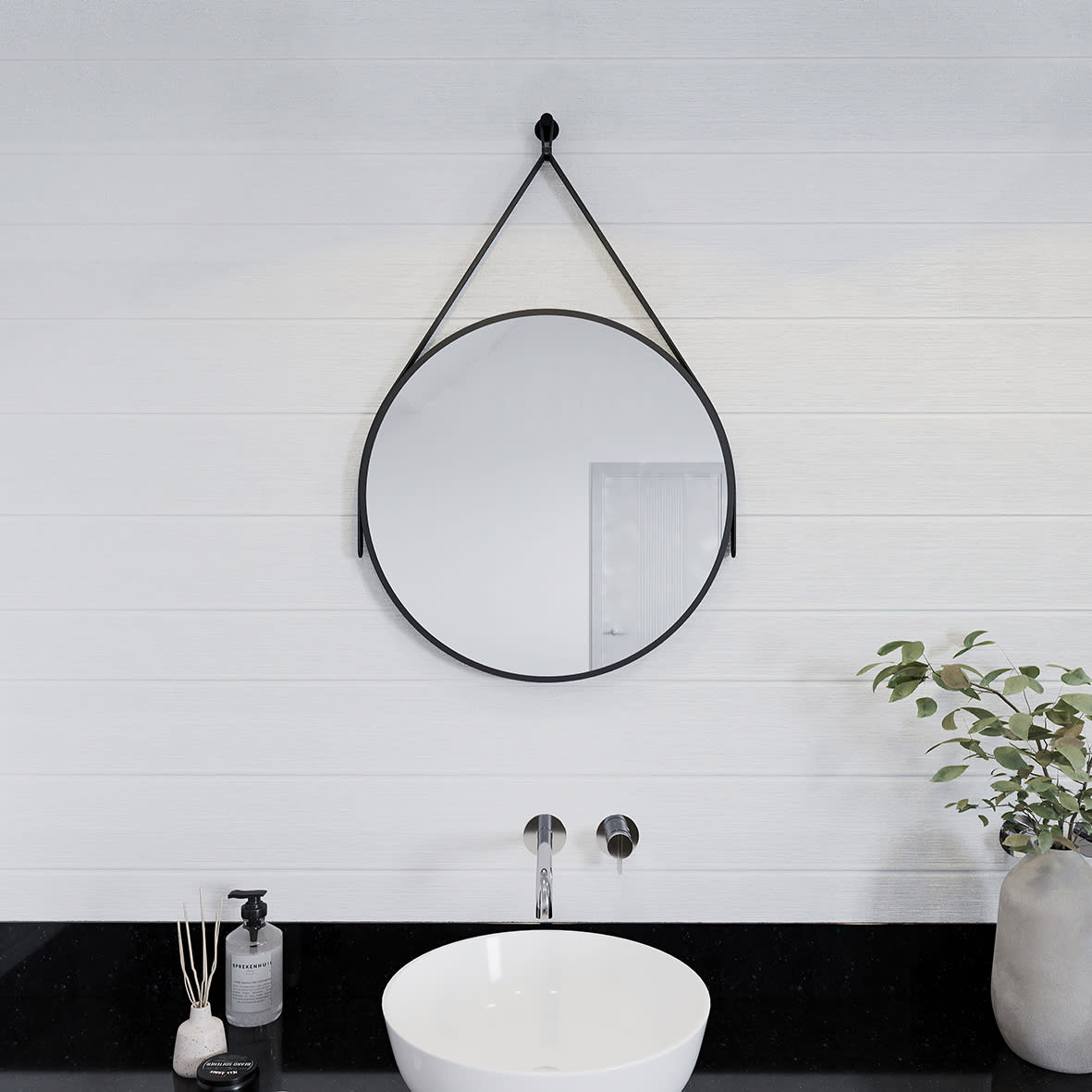 Flexi-Fix Bathroom Mirror with Leather Effect Hanging Strap - Round - 600 x 32mm - Black - view 2