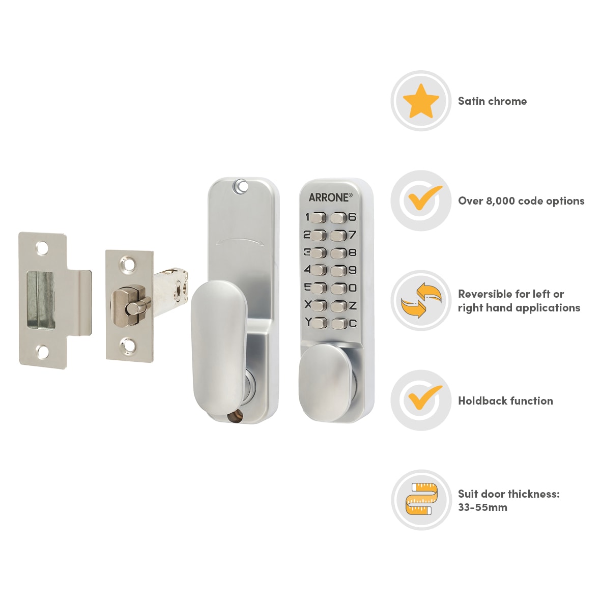 Fire Rated Mechanical Code Lock - Holdback Option - Satin Chrome - view 3